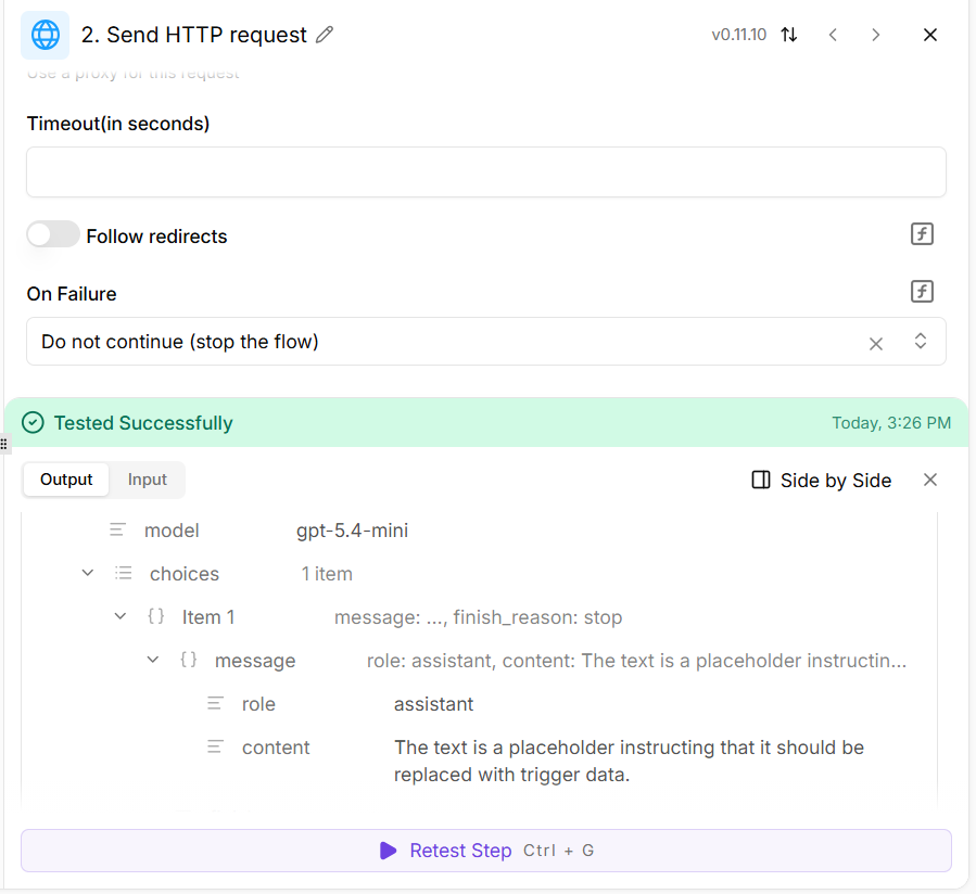 A successful LLM API response in the Activepieces HTTP action
