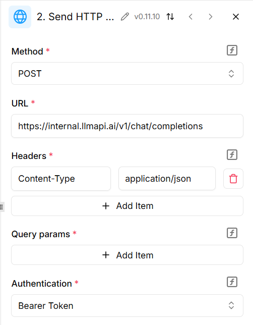 Configure the method, URL, content type, and Bearer Token authentication in Activepieces