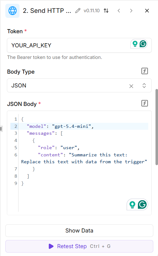 Set the Bearer token and JSON chat completion body in Activepieces