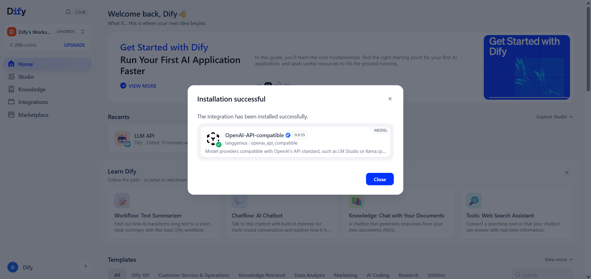 Successful installation of the OpenAI-API-compatible Dify plugin