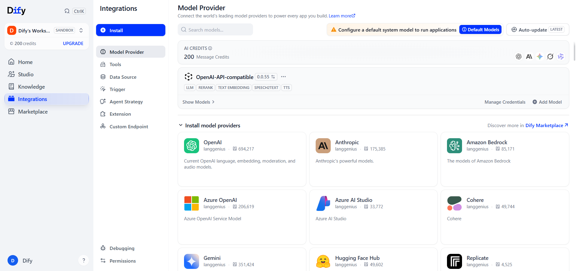 Dify Integrations page with Model Provider selected