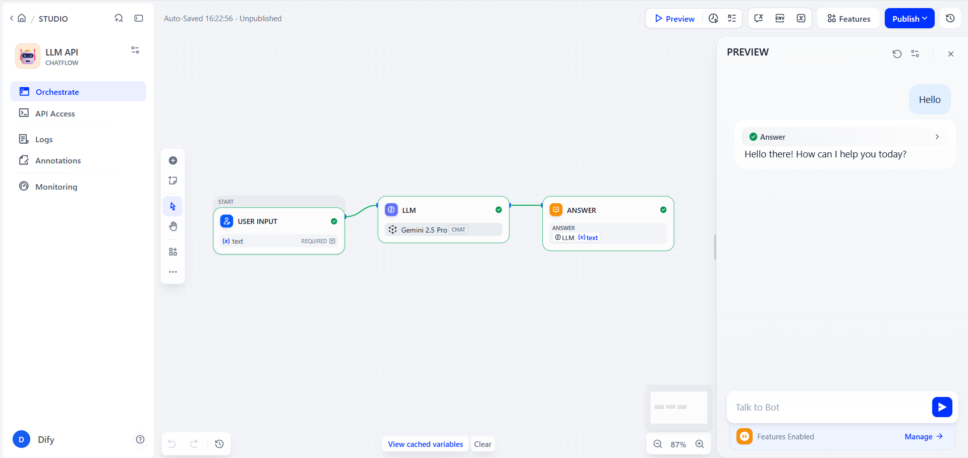 Successful LLM API response in a Dify Chatflow preview