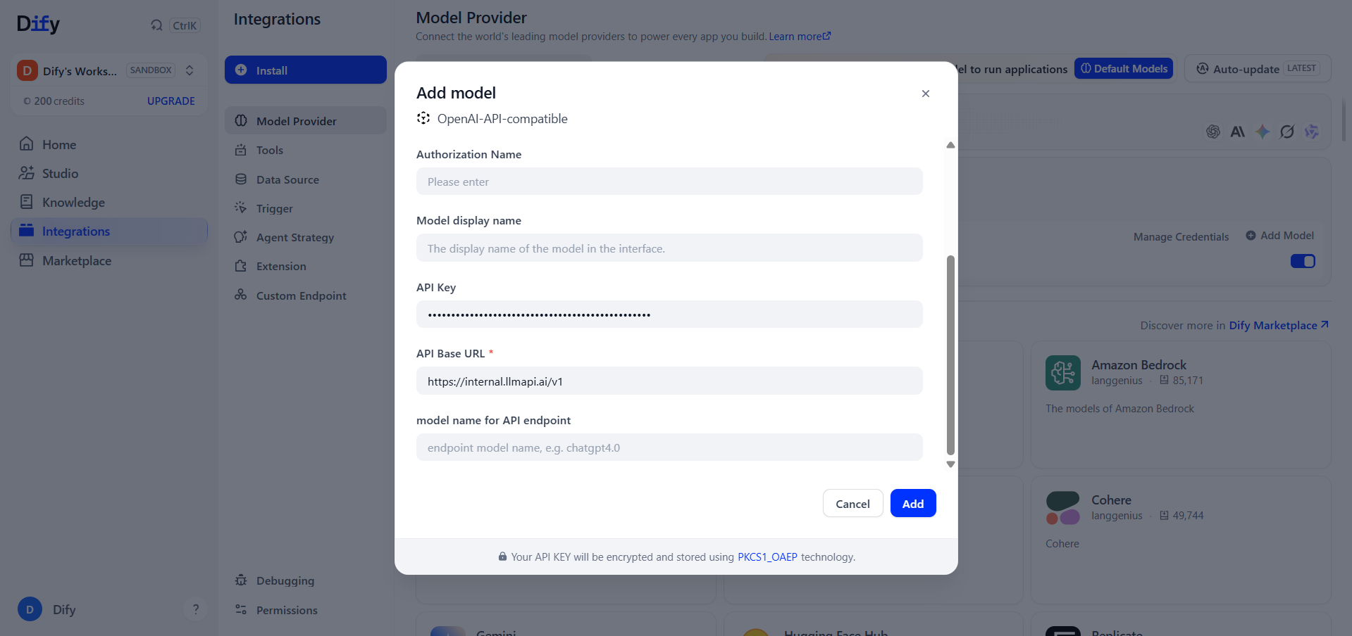 LLM API key and base URL settings in Dify
