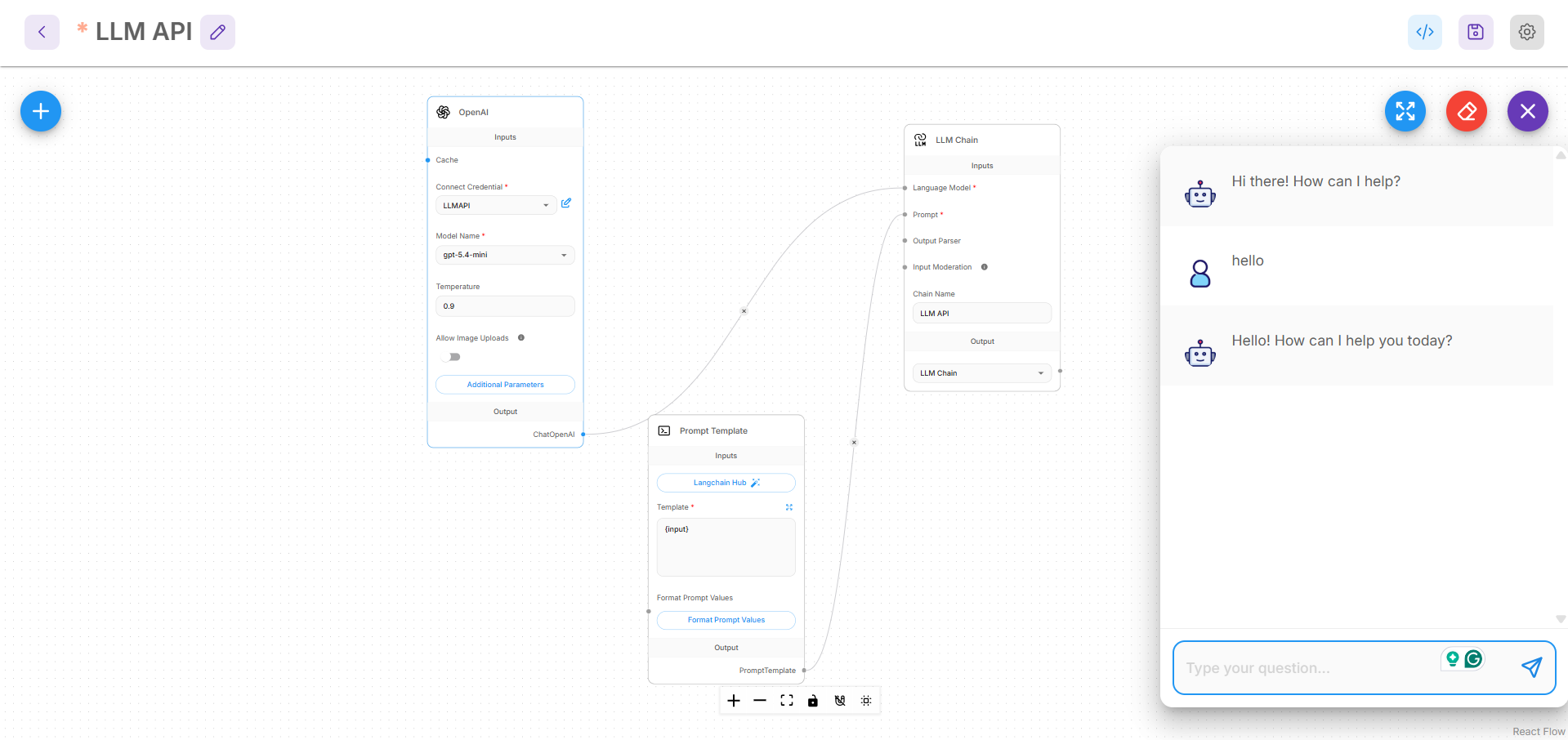 Test an LLM API chatflow in Flowise