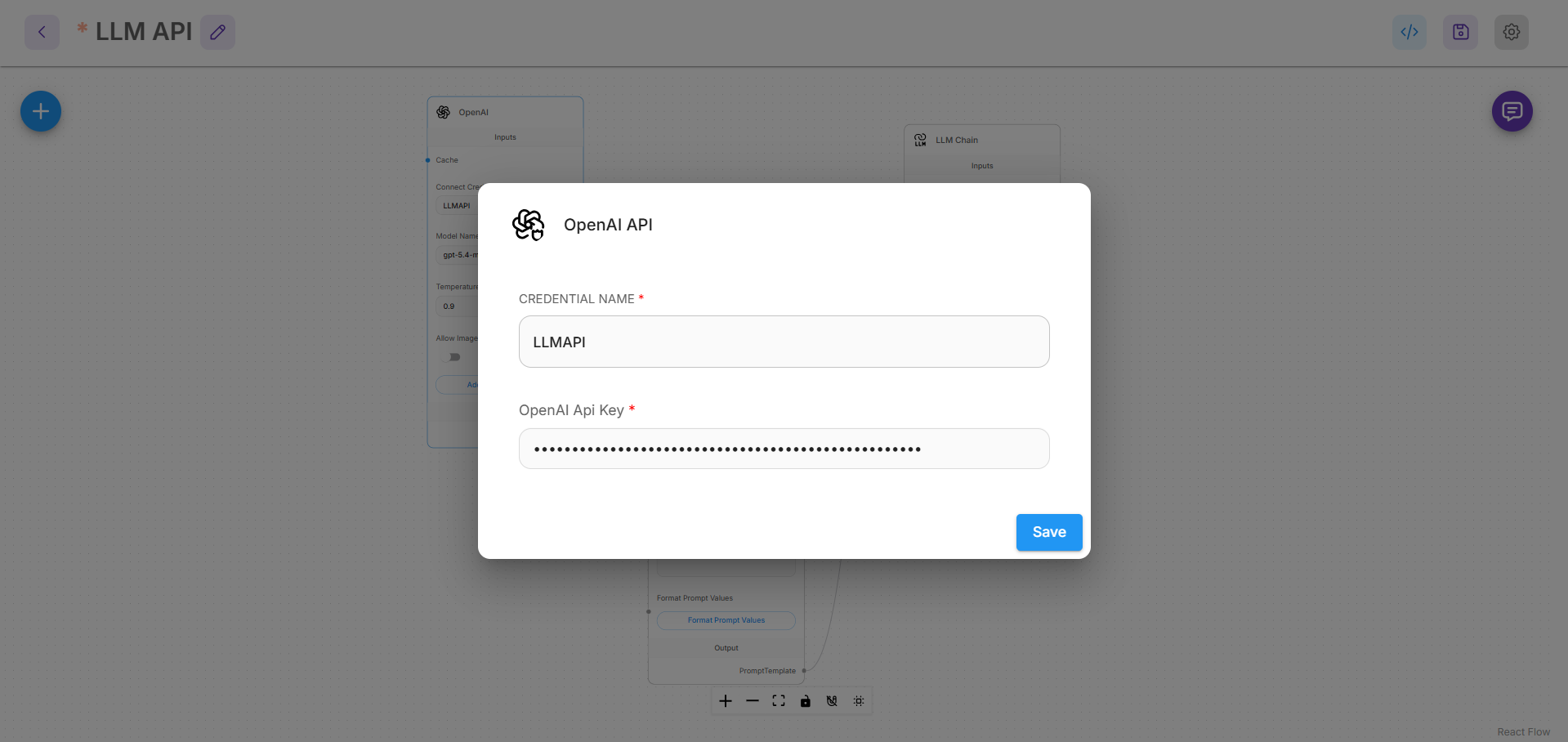 Create an OpenAI API credential for LLM API in Flowise