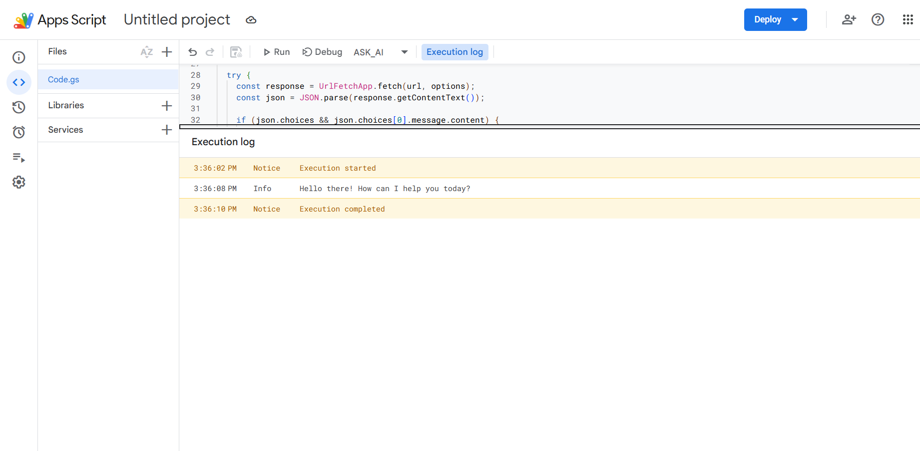 Successful AI response in the Google Apps Script execution log