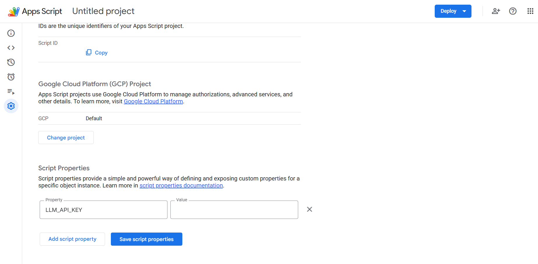 Add LLM_API_KEY to Google Apps Script properties