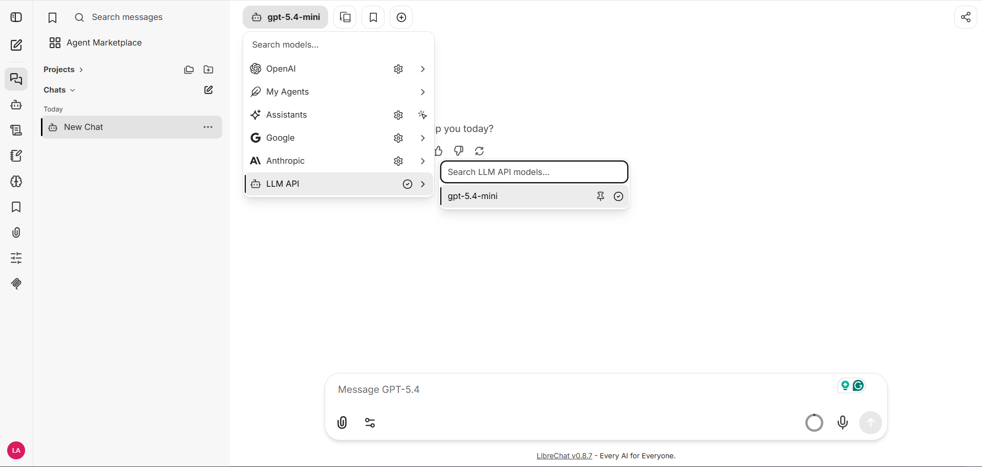 Select an LLM API model in LibreChat