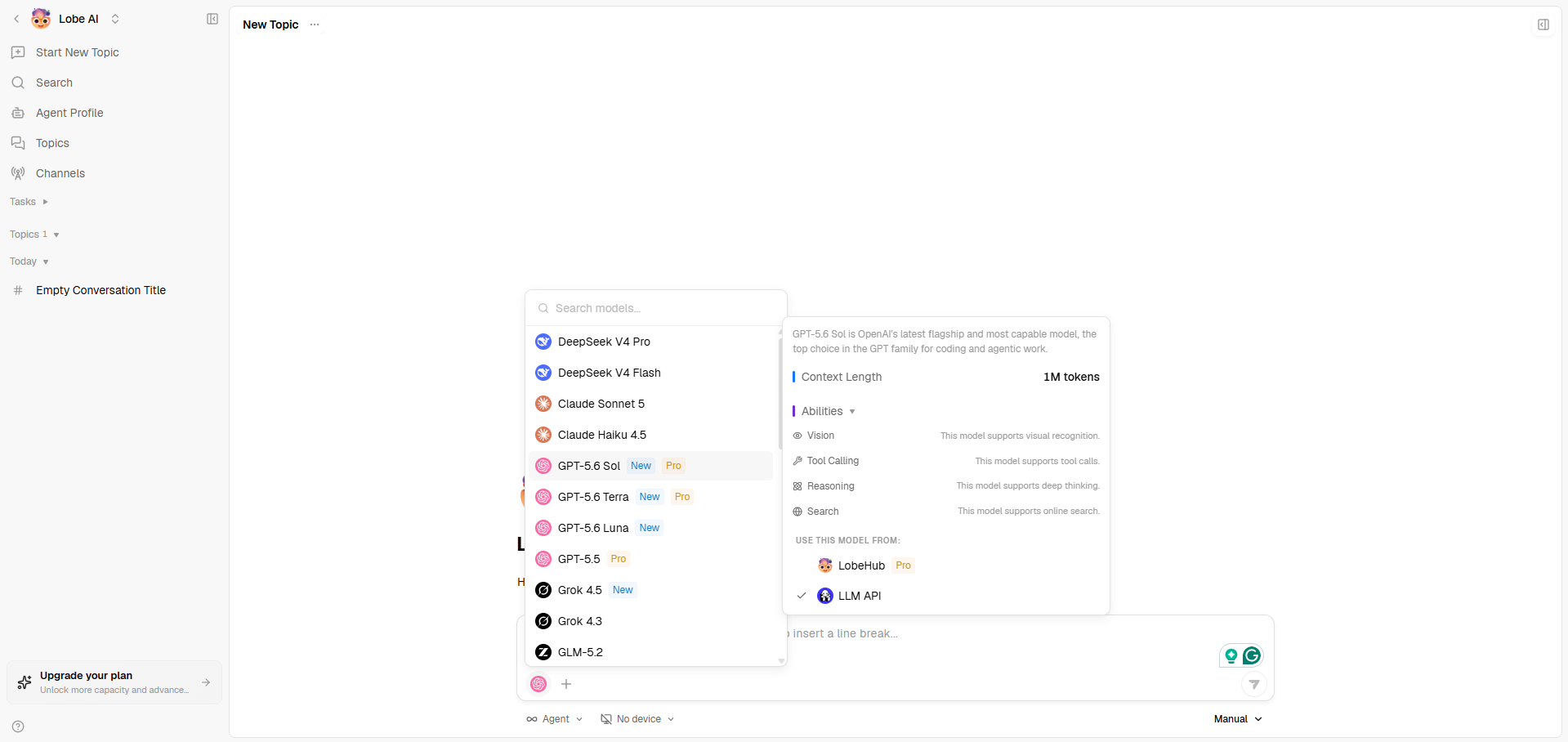 Select LLM API as the model source in LobeHub