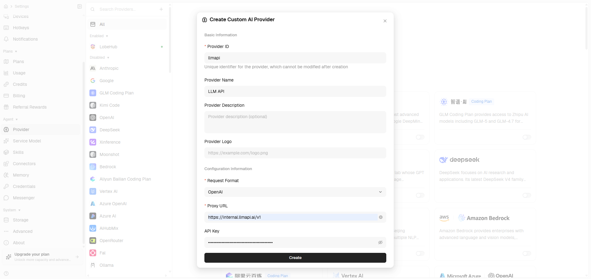 Add a custom provider from the LobeHub provider settings
