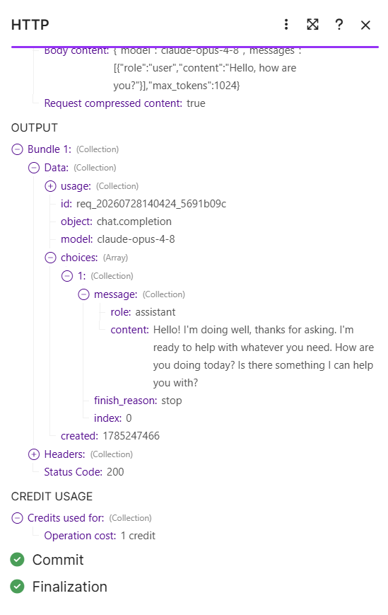 A successful LLM API response in Make's HTTP module