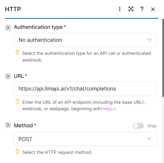 Configure the LLM API URL and POST method in Make