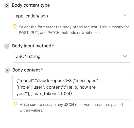 Configure the JSON chat completion request body in Make