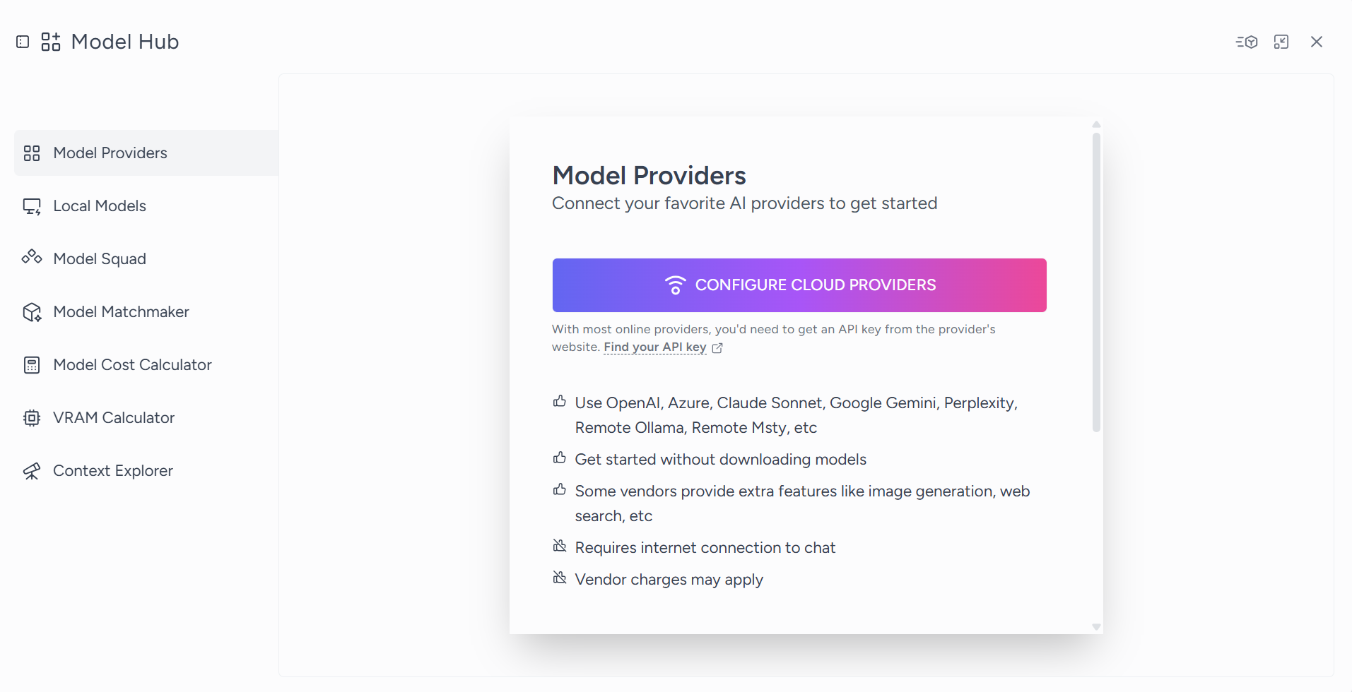 Open the cloud provider settings from Msty Model Hub