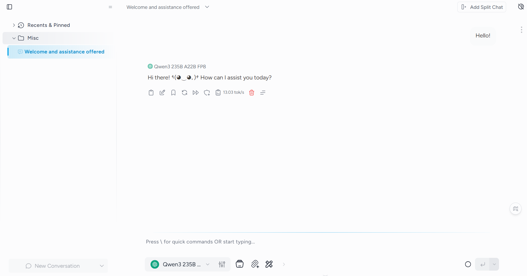 A successful chat response from an LLM API model in Msty
