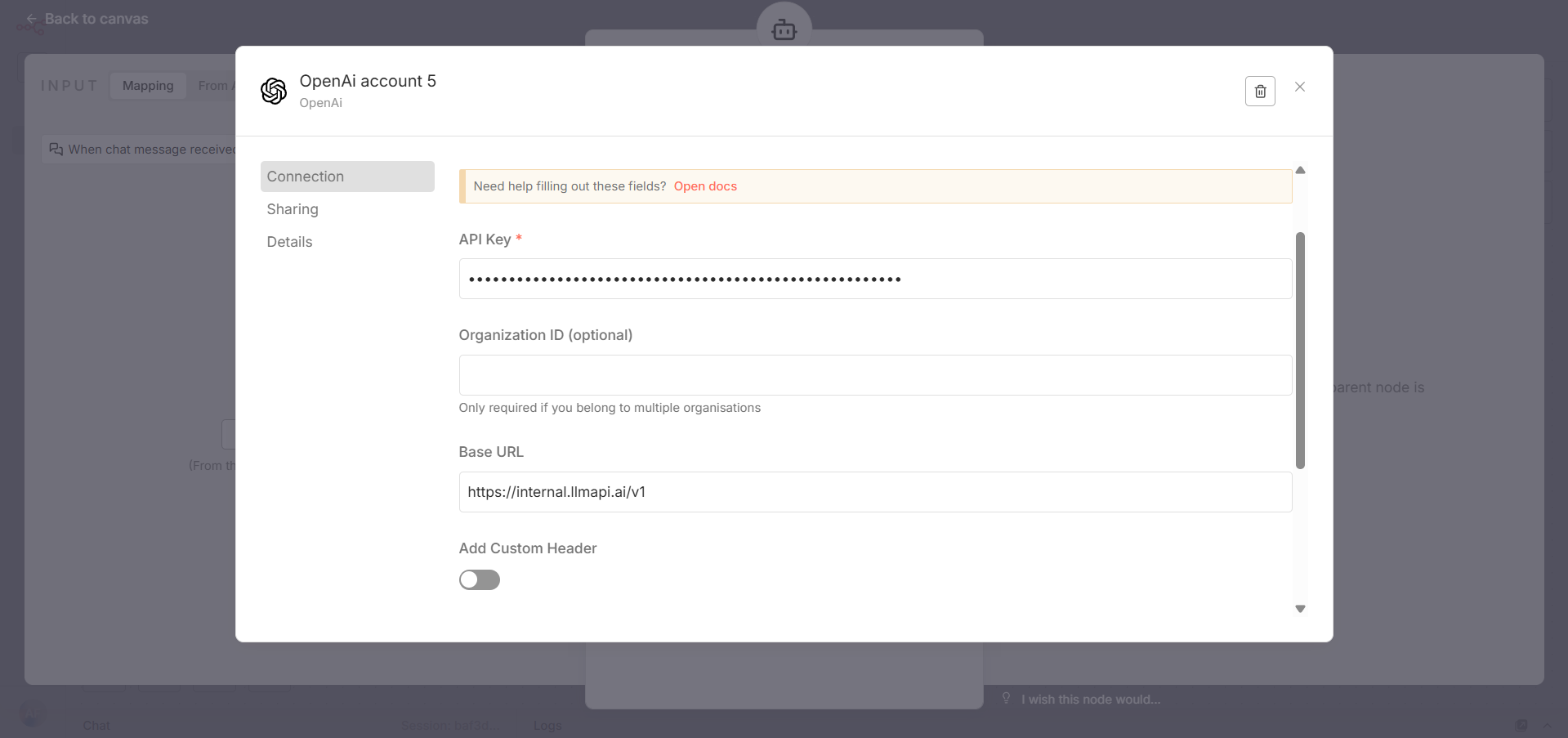 Configure the LLM API credential in n8n