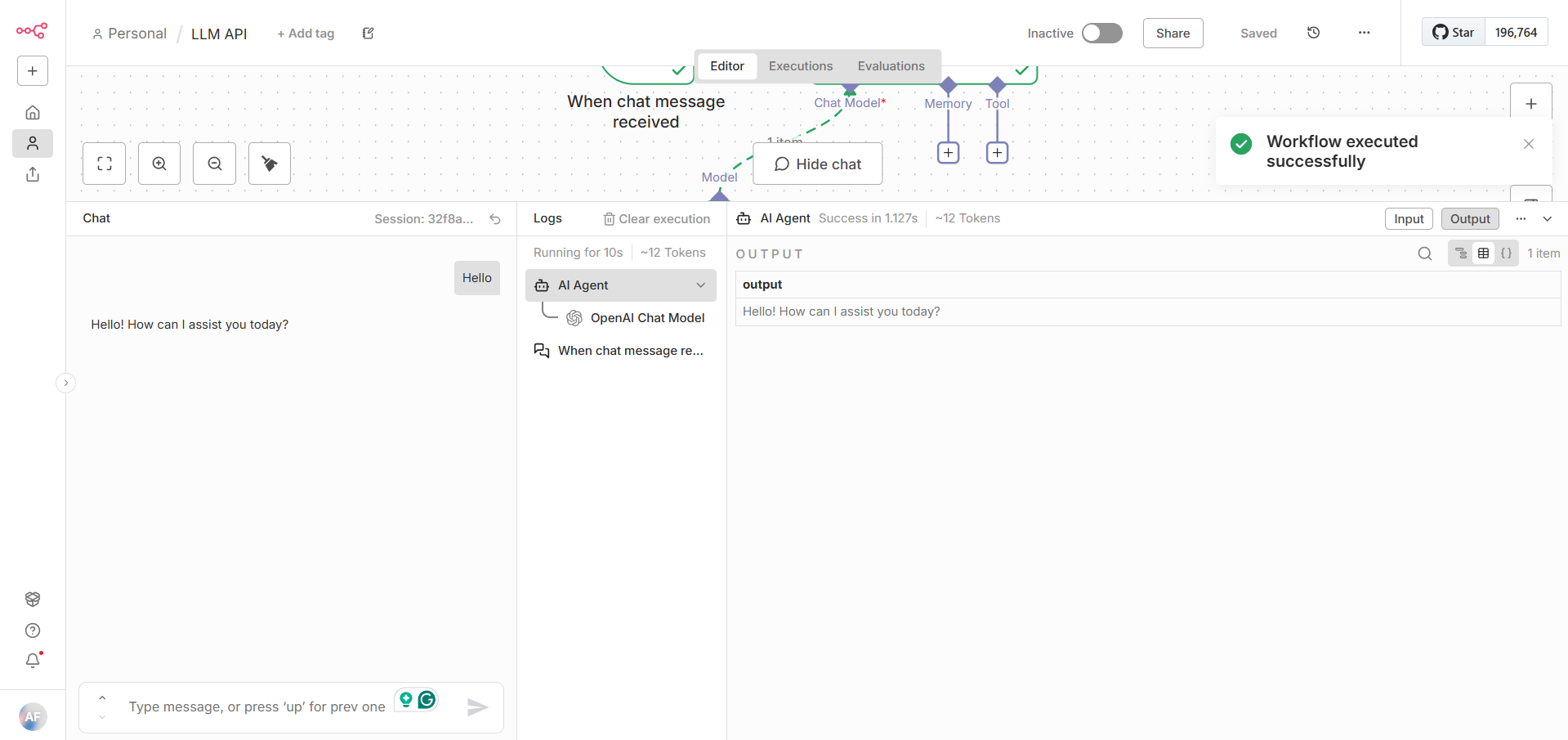 Test the LLM API workflow successfully in n8n