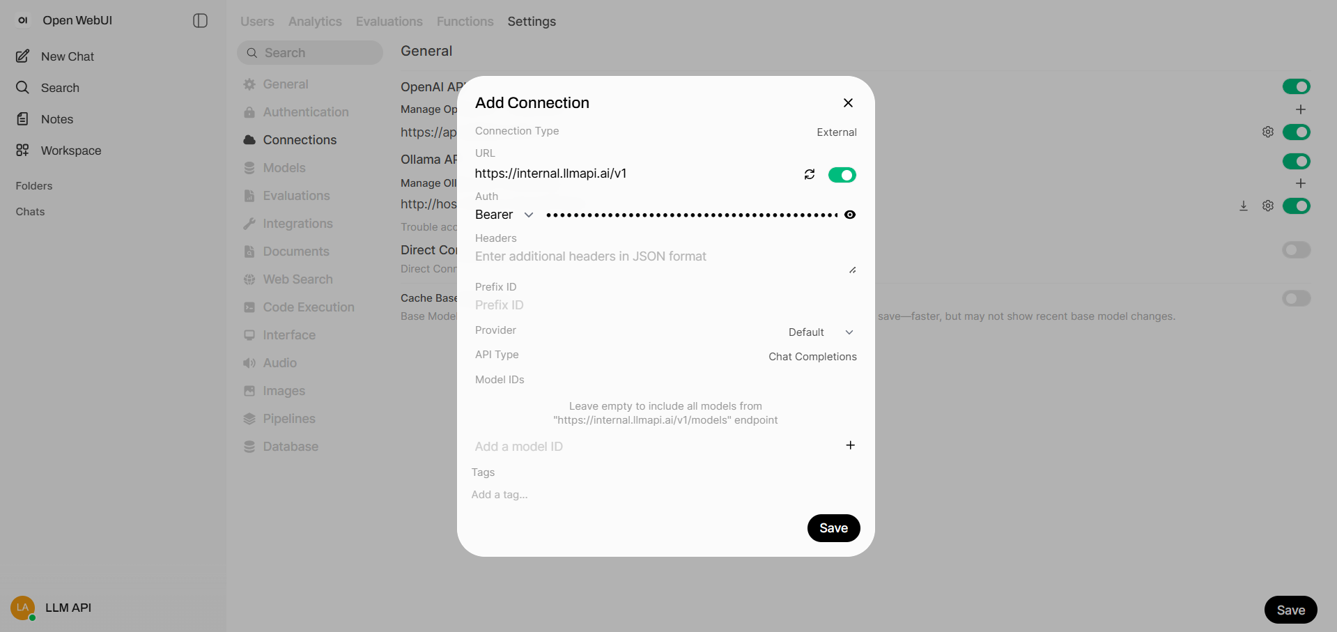 Add LLM API as an external connection in Open WebUI