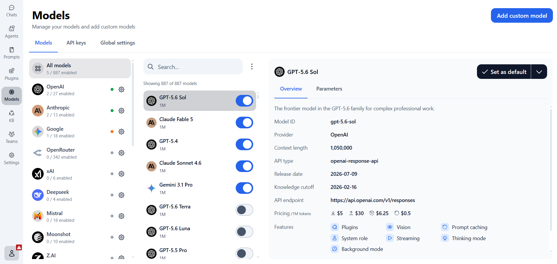 Open the TypingMind Models page and click Add custom model