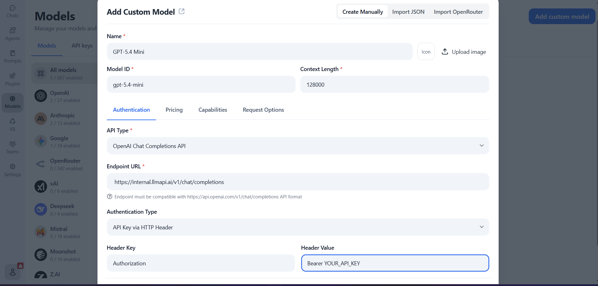 Configure the custom model endpoint and authorization header in TypingMind