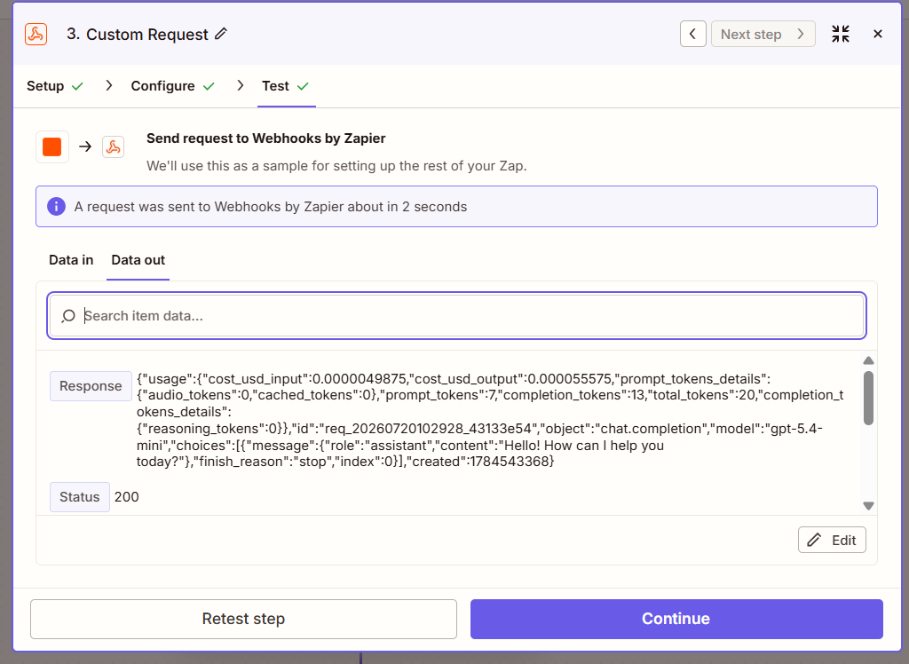 A successful LLM API request in the Zapier test tab with the raw response visible