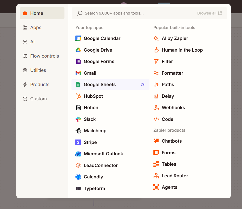 Select Webhooks from Zapier's built-in tools
