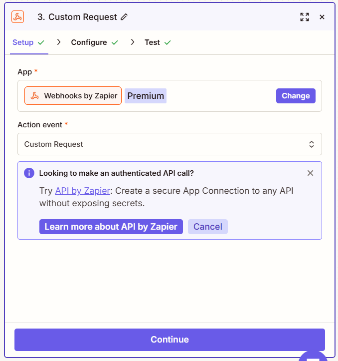 Choose the Custom Request action event in Webhooks by Zapier